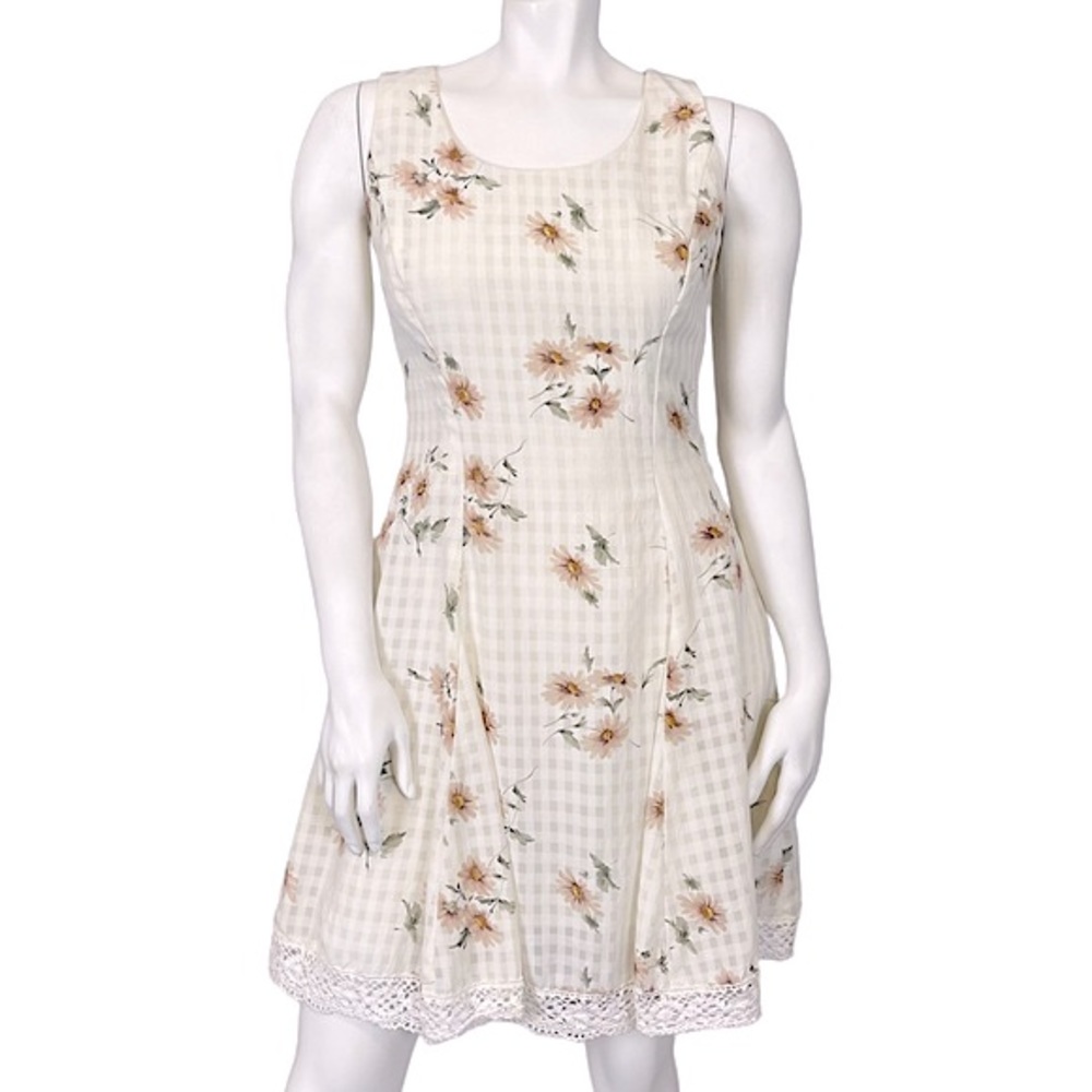 VINTAGE 90’s Cream Sheer Gingham Floral Sleeveless Mini Tank Dress